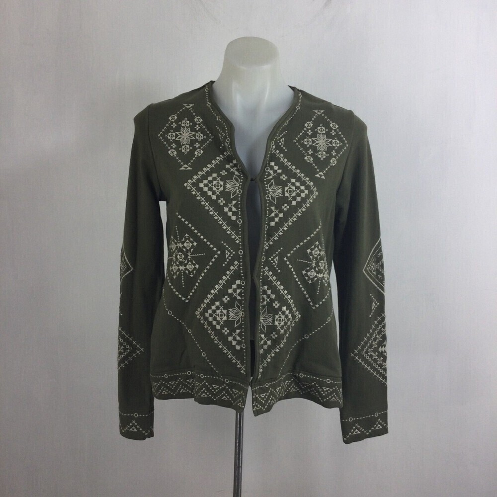 Johnny Was Jacket Embroidered Long Sleeve Cotton Blend Hook and Eye Green Small